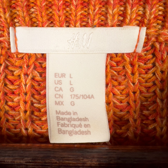 H&M Knitted Pullover Pumpkin Orange Ribbed Bishop Sleeve Chunky Size Large - Picture 2 of 5